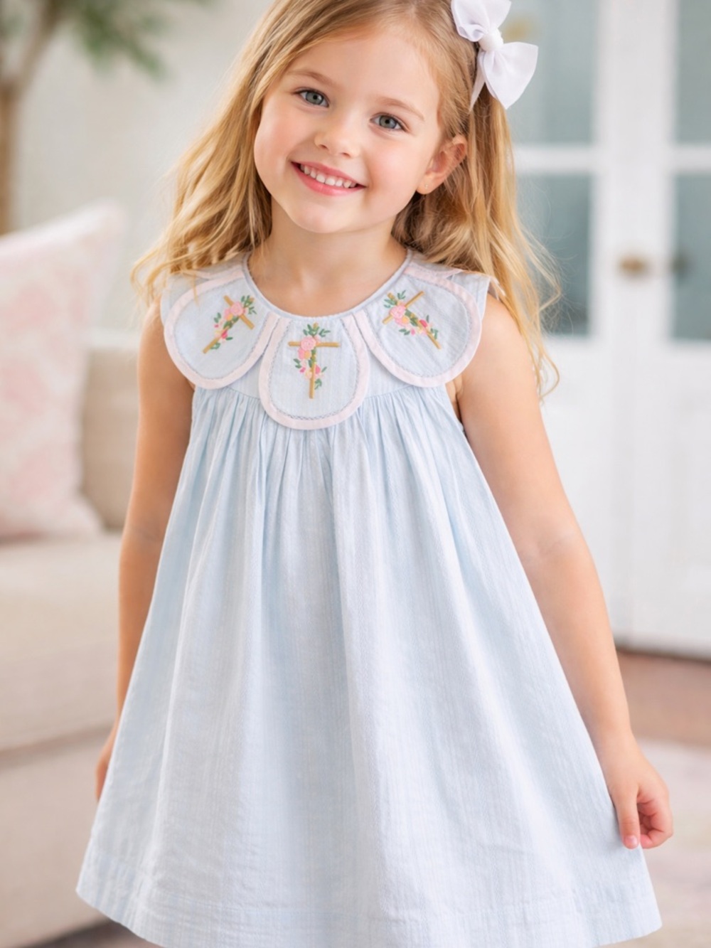 RARE Heirloom Light Blue Dress Embroidered Collar Girls Easter Church Portrait